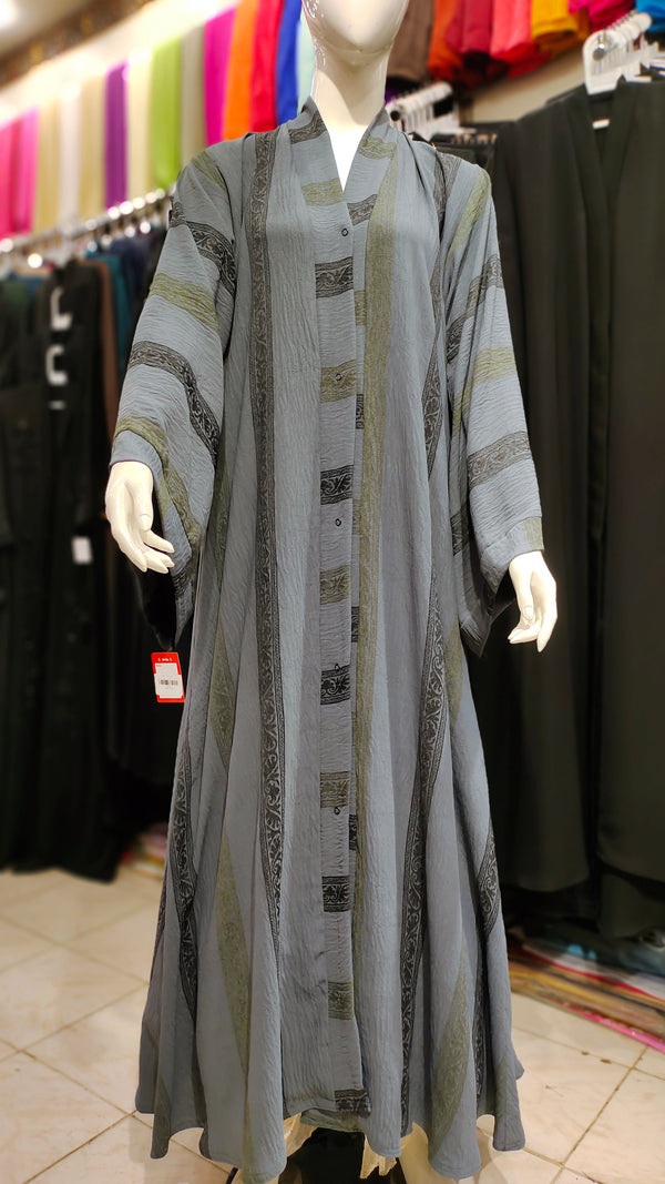 Cey Embroidery Front Open Abaya – Self Print Dubai Fabric - Dark Grey