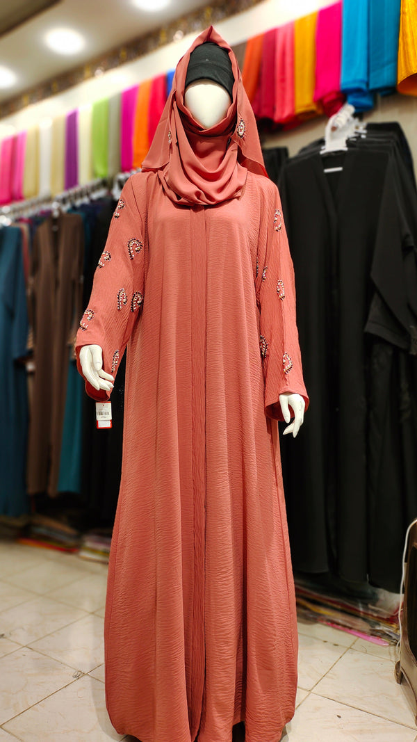 AH Handwork Front Open Abaya – Cey Fabric - Dark Peach