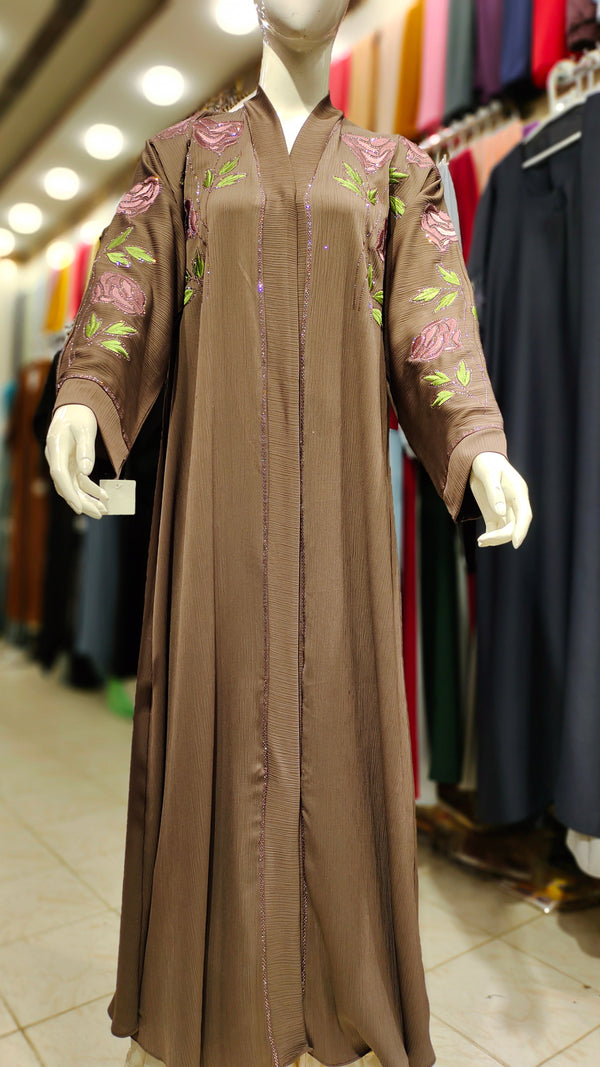 Zoom Sleeves DMC EMB RH Abaya – Front Open-Dark Rose Pink