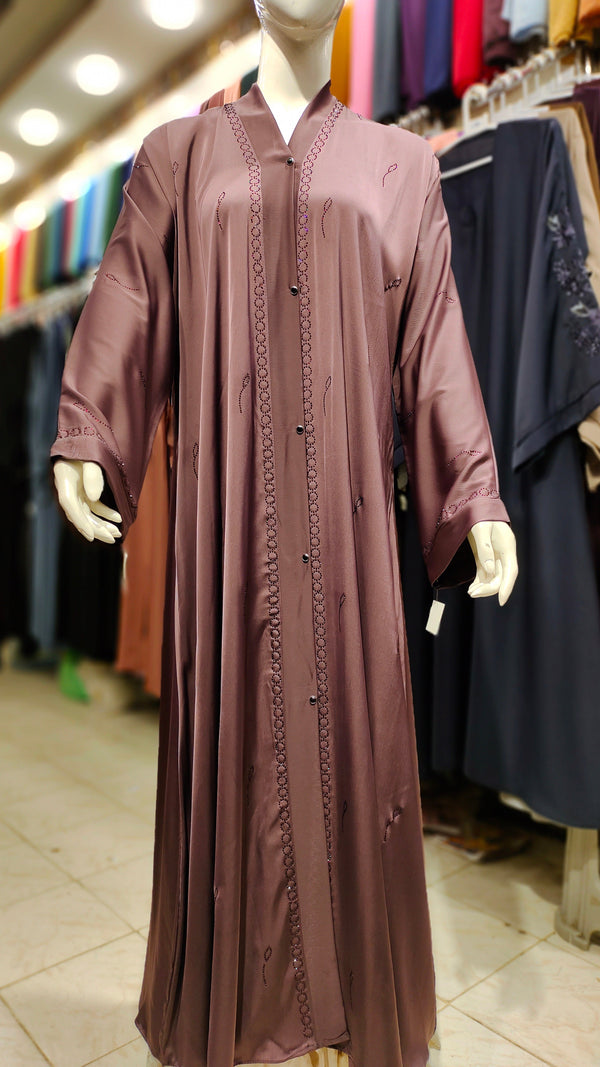 Romantic Silk DMC Stone Abaya – Front Open-Dark Tea Pink