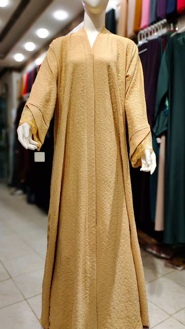 Bubble Crepe Lace Cuff Cut Abaya-Gold Beige