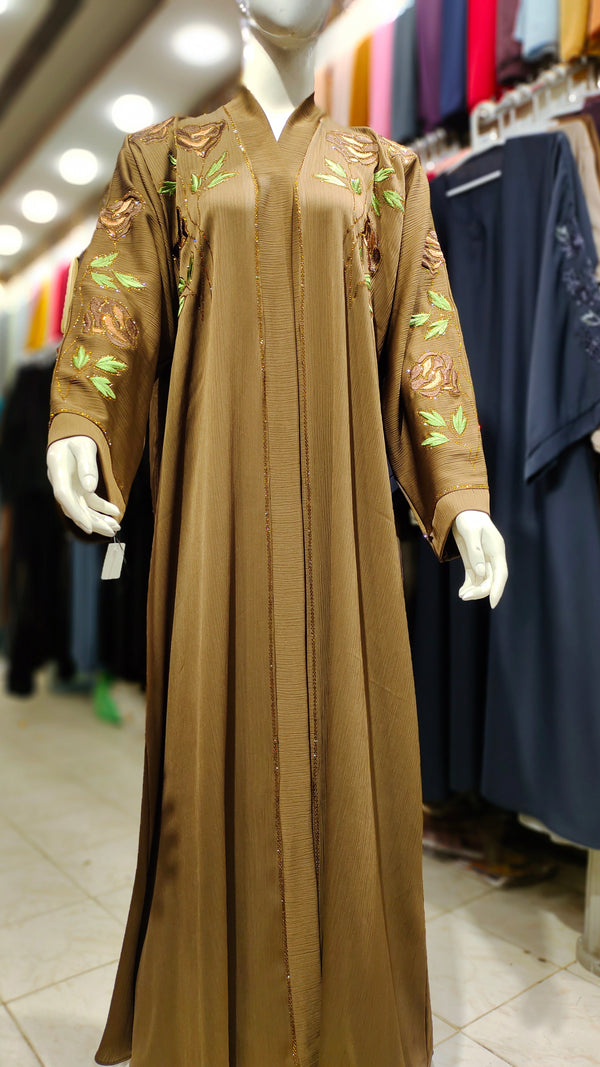 Zoom Sleeves DMC EMB RH Abaya – Front Open-Gold Brown