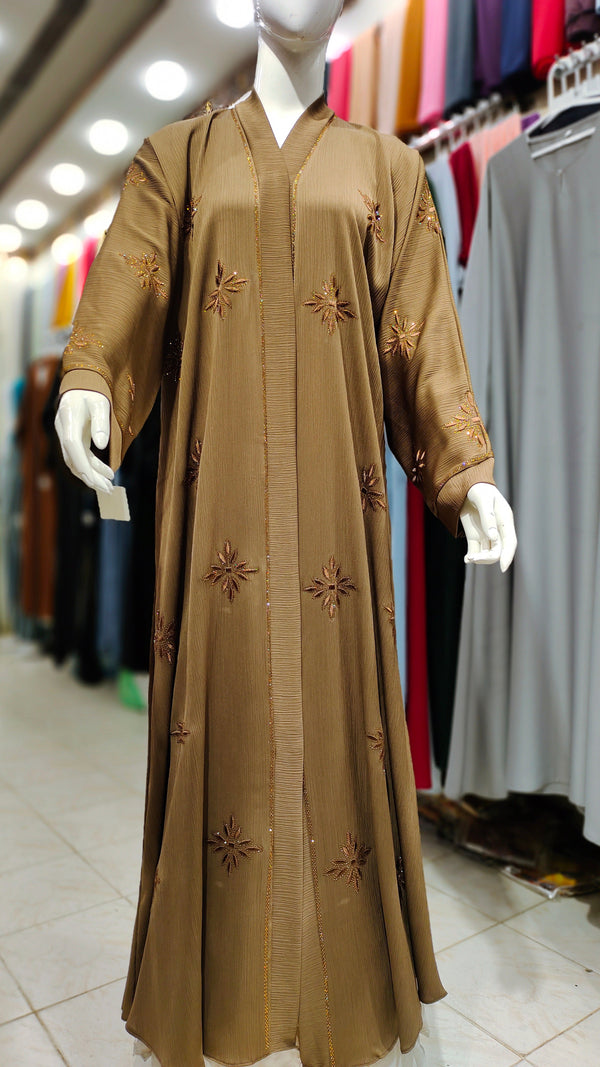 Zoom DMC EMB RH Abaya – Front Open-Gold Brown