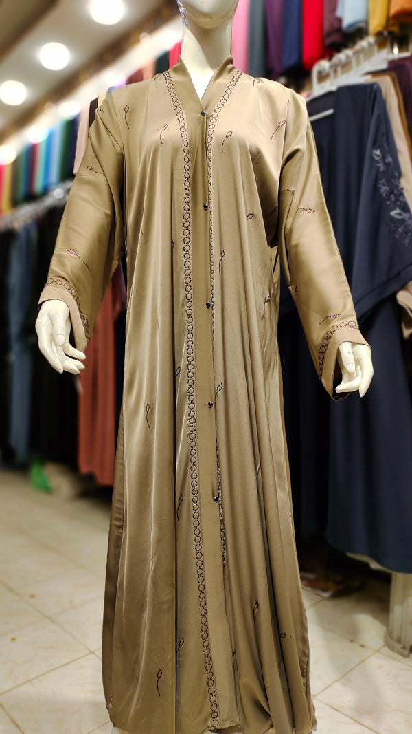 Romantic Silk DMC Stone Abaya – Front Open-Golden