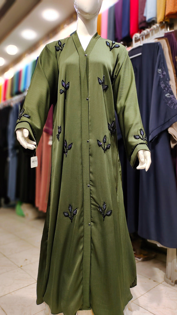 ZB Leaf Design Handwork Abaya – Front Open-Grass Green