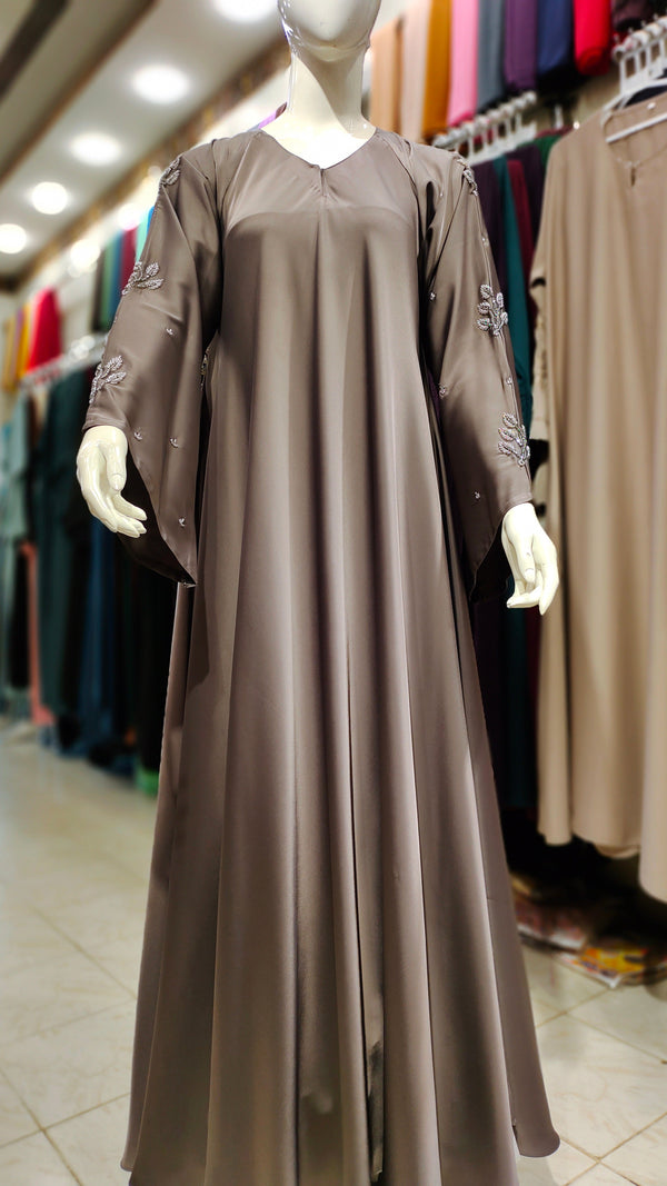 Romantic Silk Handwork Maxi Asian Abaya-Ivory Grey