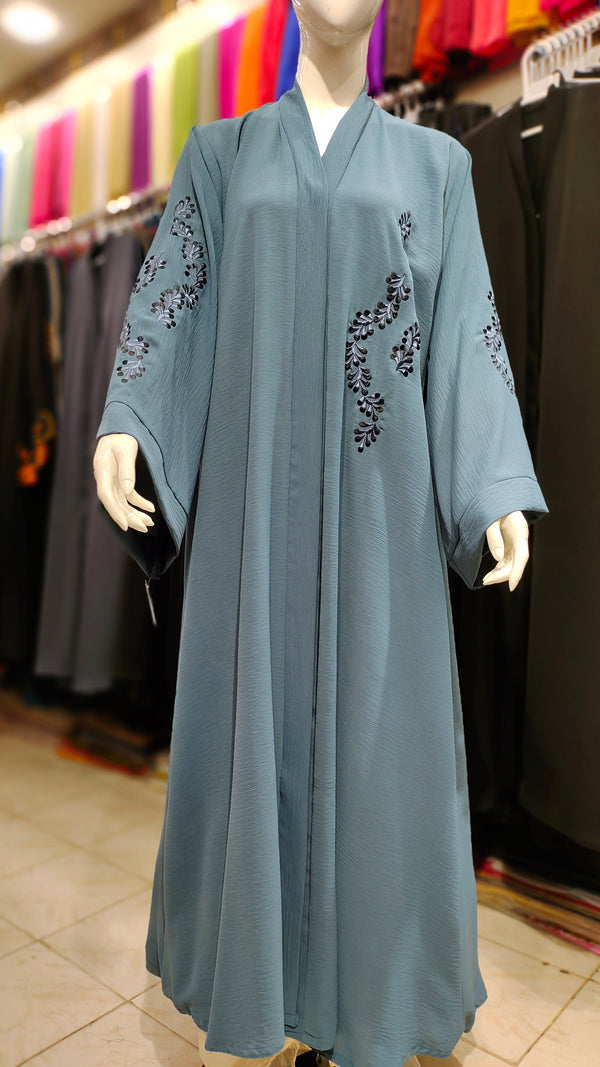 CEY Embroidery Front Open Abaya - Light Blue