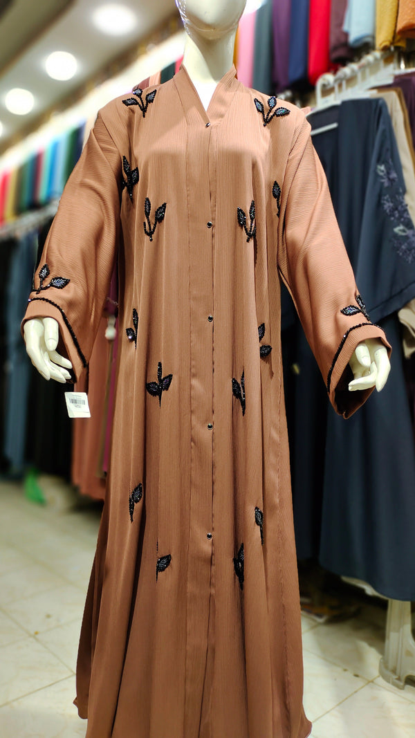 ZB Leaf Design Handwork Abaya – Front Open-Light Brown