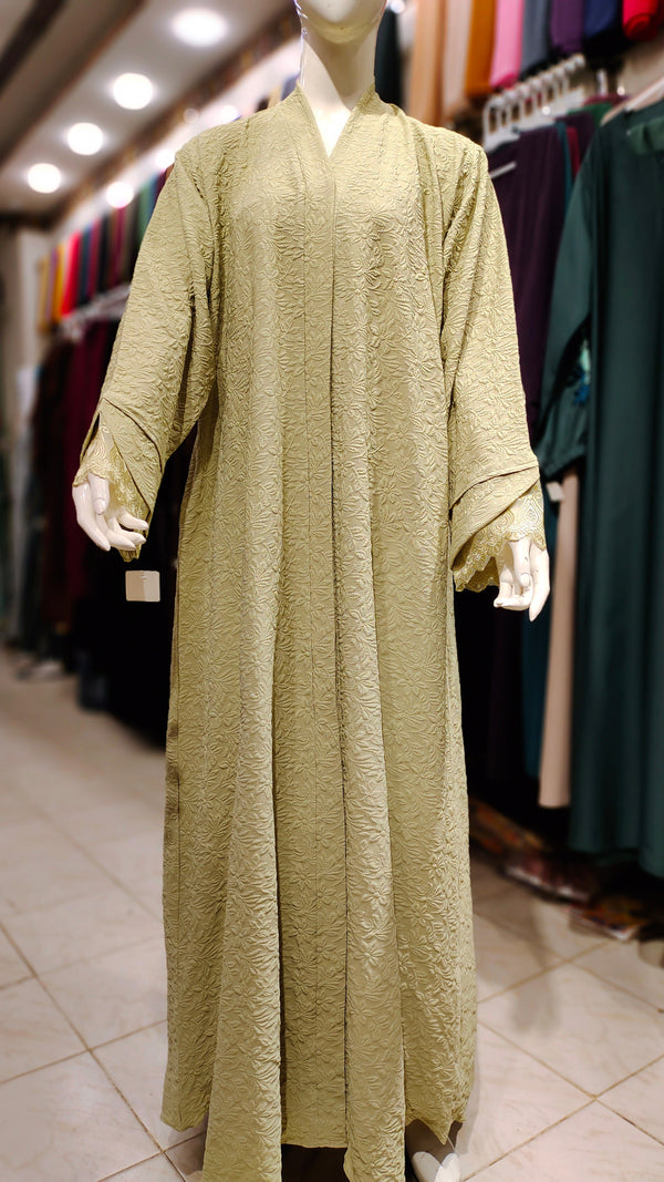 Bubble Crepe Lace Cuff Cut Abaya-Light Mehndi Green
