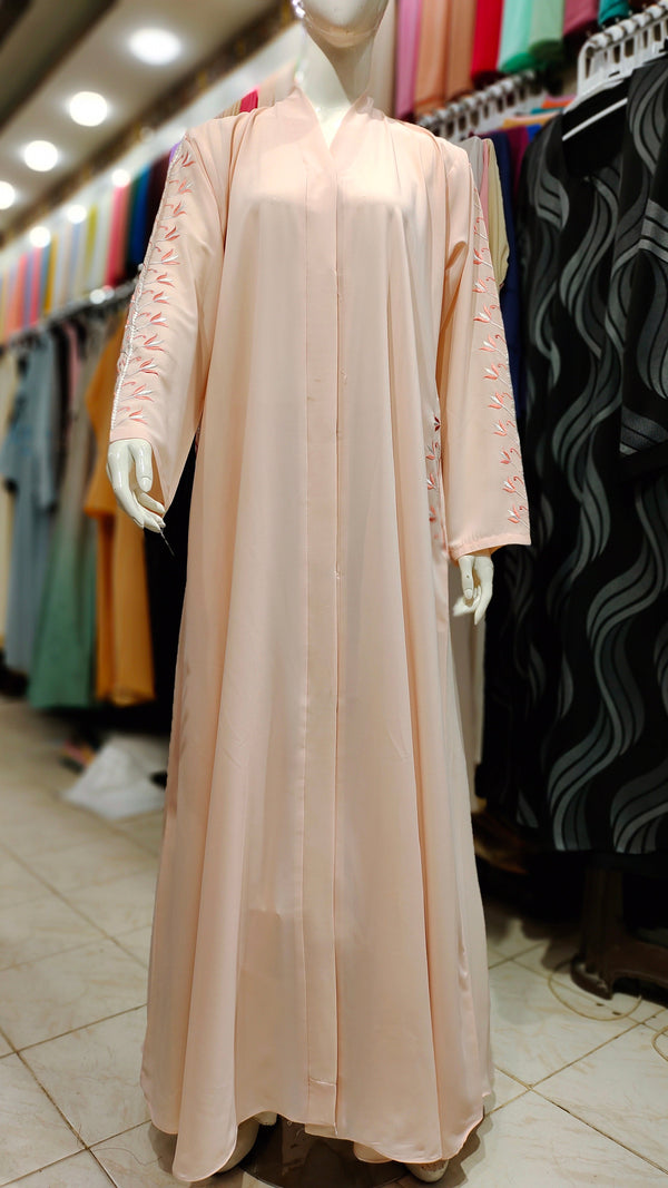 Pocket Embroidery Abaya – Front Open Style-Light Peach