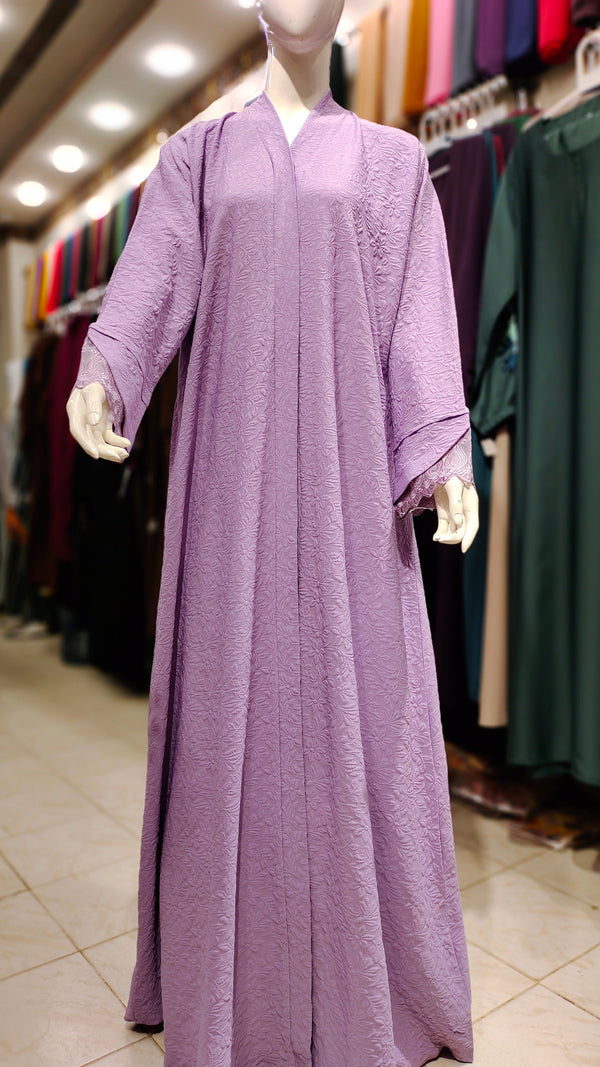 Bubble Crepe Lace Cuff Cut Abaya-Lilac