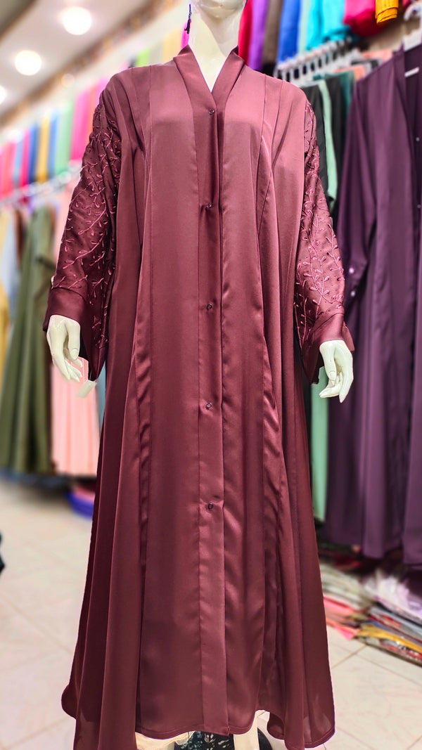 Nida Front Open Abaya with Sleeve Embroidery & DMC Stones - Magenta