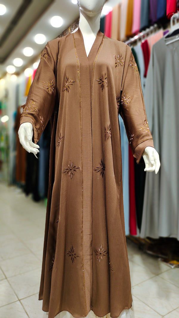Zoom DMC EMB RH Abaya – Front Open-Medium Brown