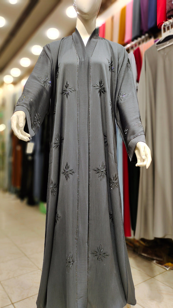 Zoom DMC EMB RH Abaya – Front Open-Medium Grey