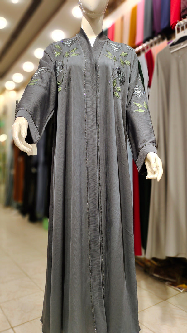 Zoom Sleeves DMC EMB RH Abaya – Front Open-Medium Steel Grey