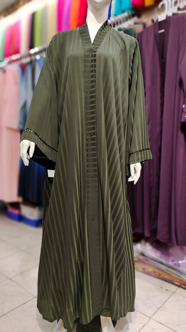 Pearl Handwork Zoom Fabric Front Open Abaya - Mehendi Green