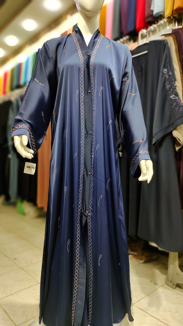 Romantic Silk DMC Stone Abaya – Front Open-Navy Blue