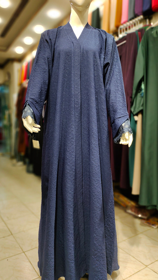 Bubble Crepe Lace Cuff Cut Abaya-Navy Blue