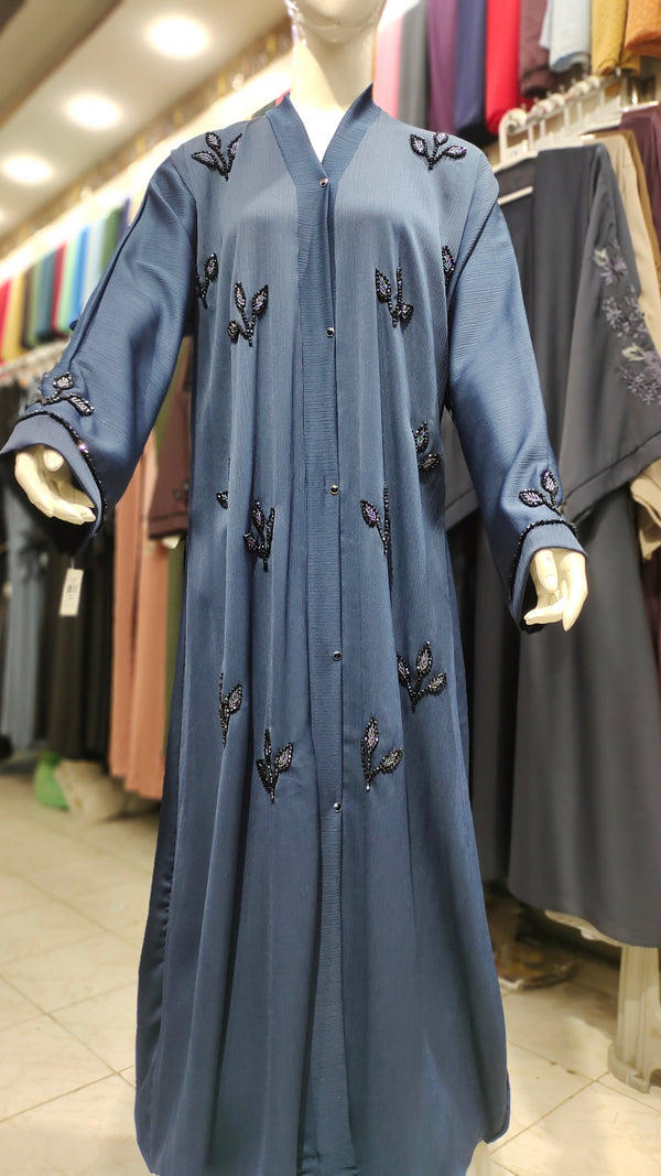 ZB Leaf Design Handwork Abaya – Front Open-Navy Blue