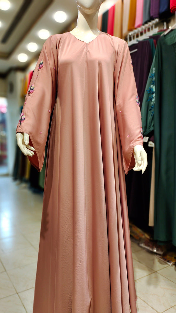 Romantic Silk Handwork Maxi Asian Abaya-Peach Pink