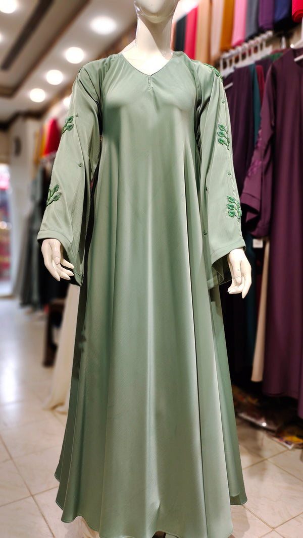 Romantic Silk Handwork Maxi Asian Abaya-Pistachio Green