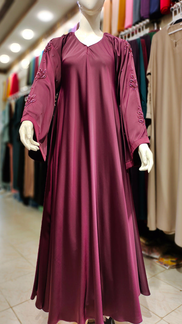 Romantic Silk Handwork Maxi Asian Abaya-Plum