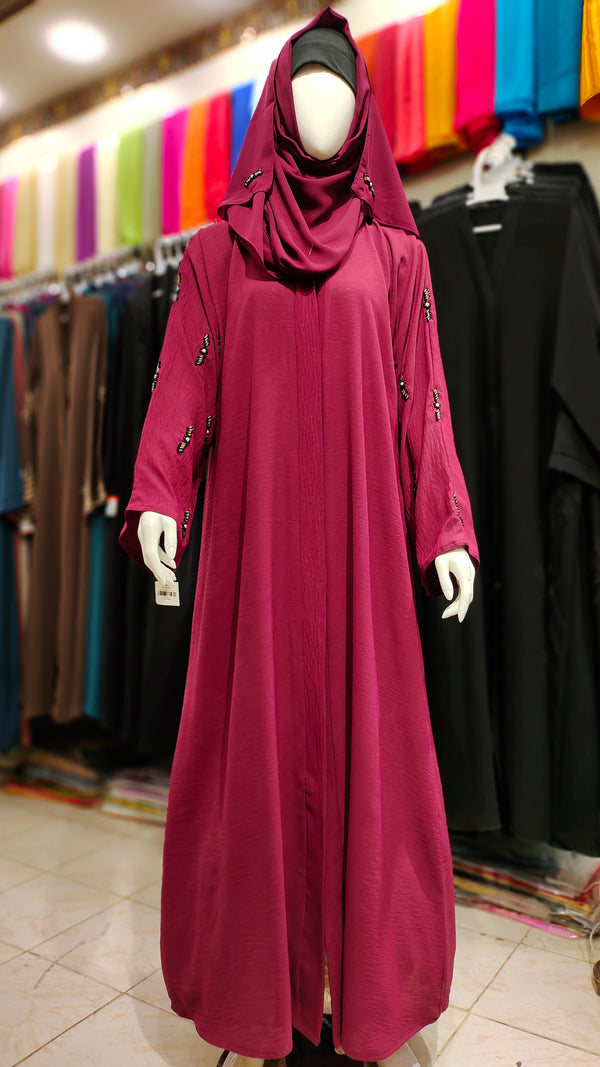 AH Handwork Front Open Abaya – Cey Fabric - Plum
