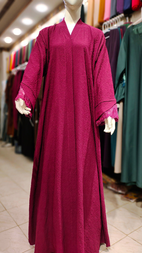 Bubble Crepe Lace Cuff Cut Abaya-Plum
