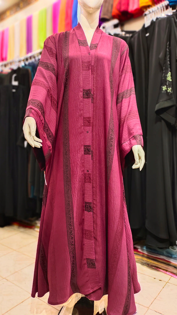 Cey Embroidery Front Open Abaya – Self Print Dubai Fabric - Plum