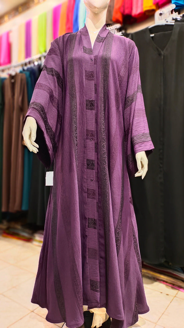 Cey Embroidery Front Open Abaya – Self Print Dubai Fabric - Purple