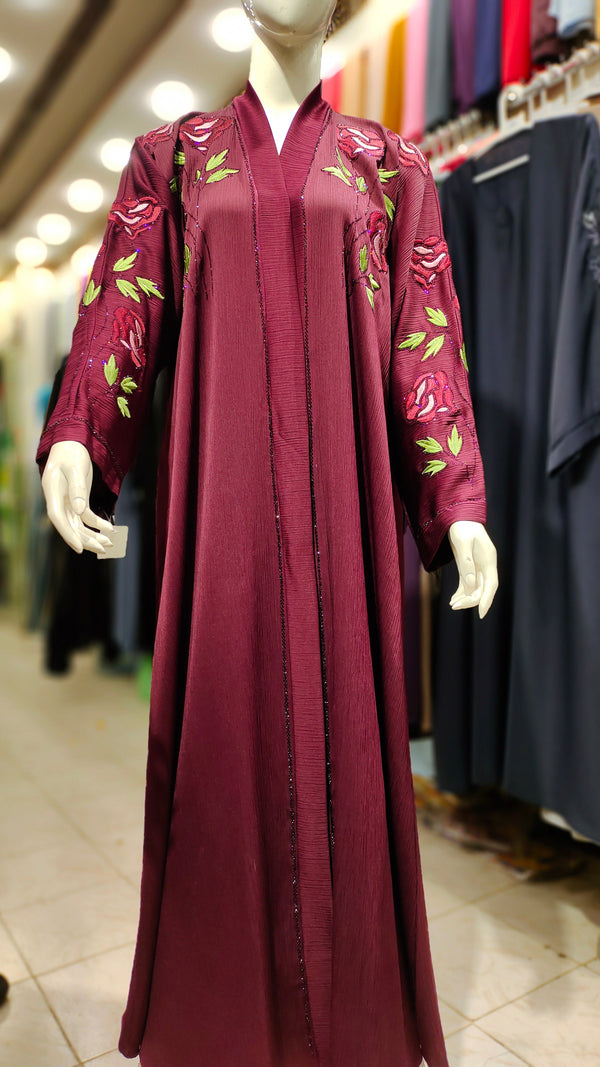 Zoom Sleeves DMC EMB RH Abaya – Front Open-Reddish Plum
