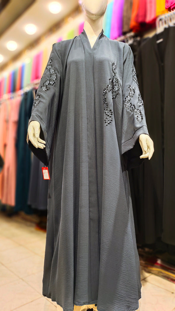 CEY Embroidery Front Open Abaya - School Grey
