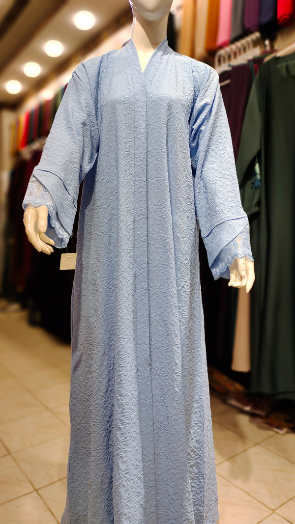Bubble Crepe Lace Cuff Cut Abaya-Sky Blue