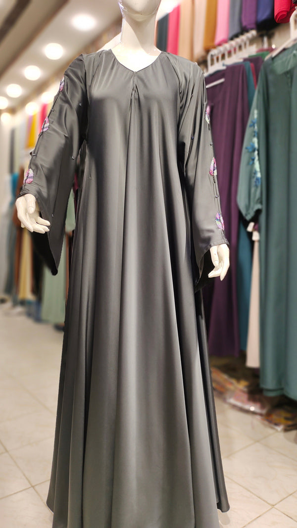 Romantic Silk Handwork Maxi Asian Abaya-Steel Grey