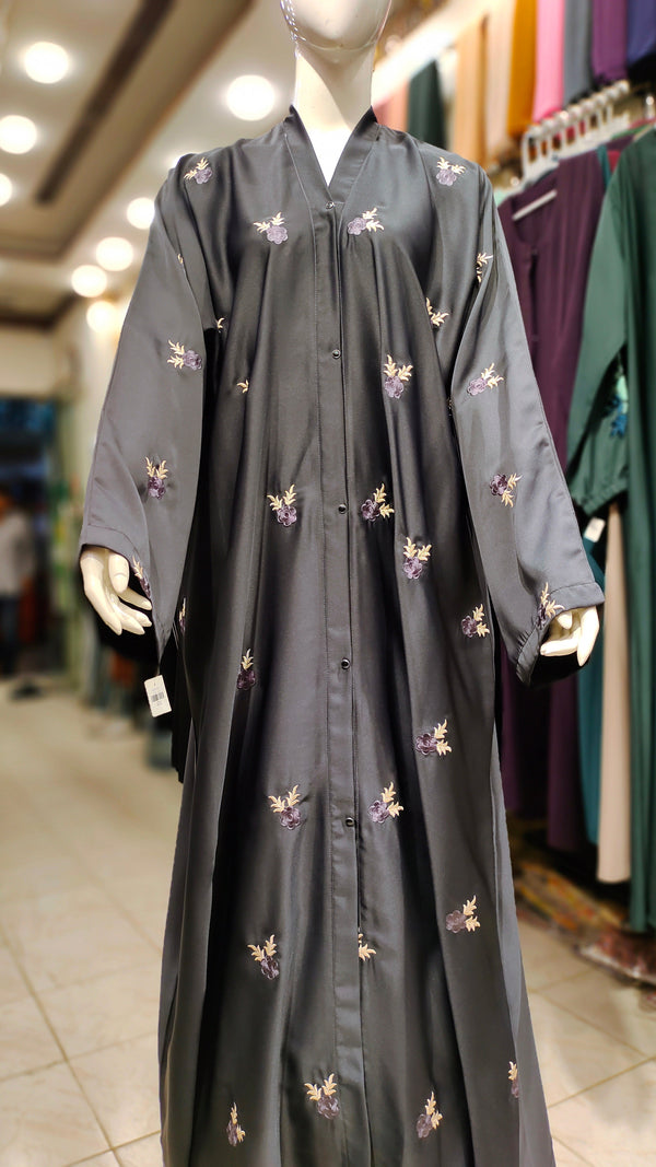 Nida Flower Embroidery Abaya-Dark Steel Grey