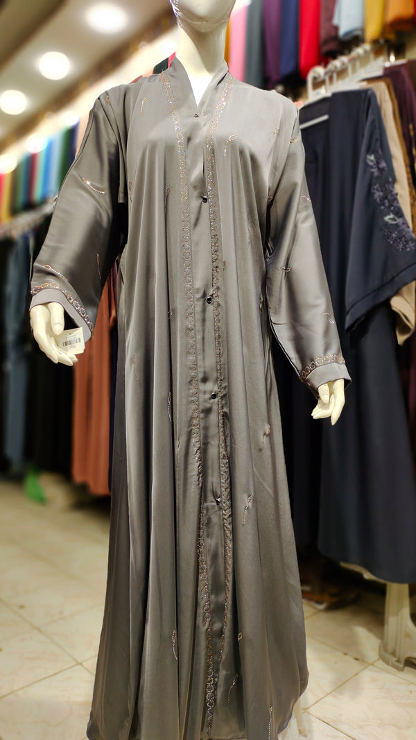 Romantic Silk DMC Stone Abaya – Front Open-Steel Grey