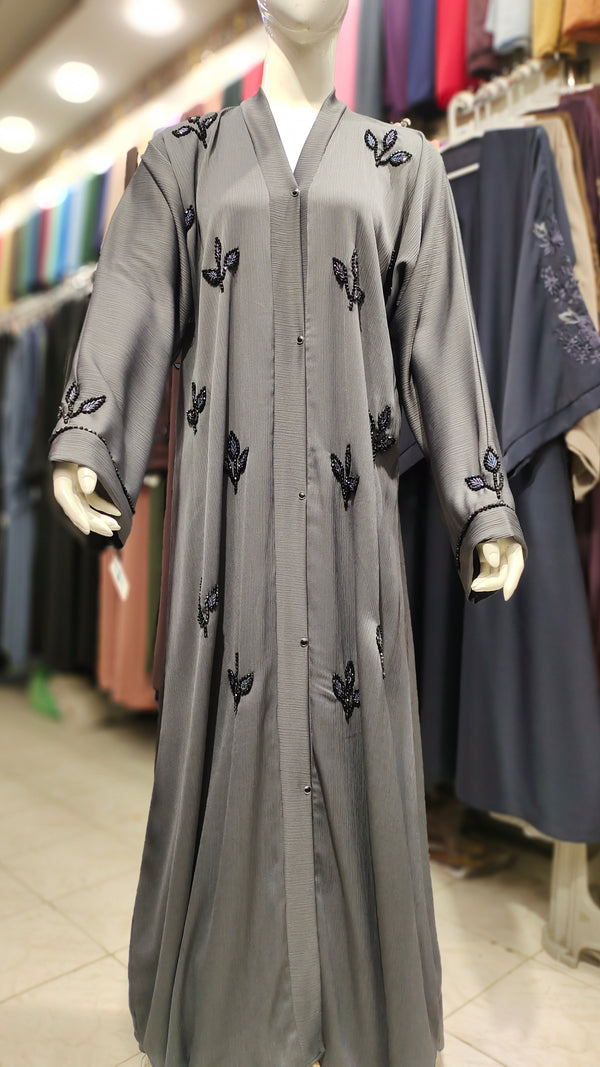 ZB Leaf Design Handwork Abaya – Front Open-Steel Grey