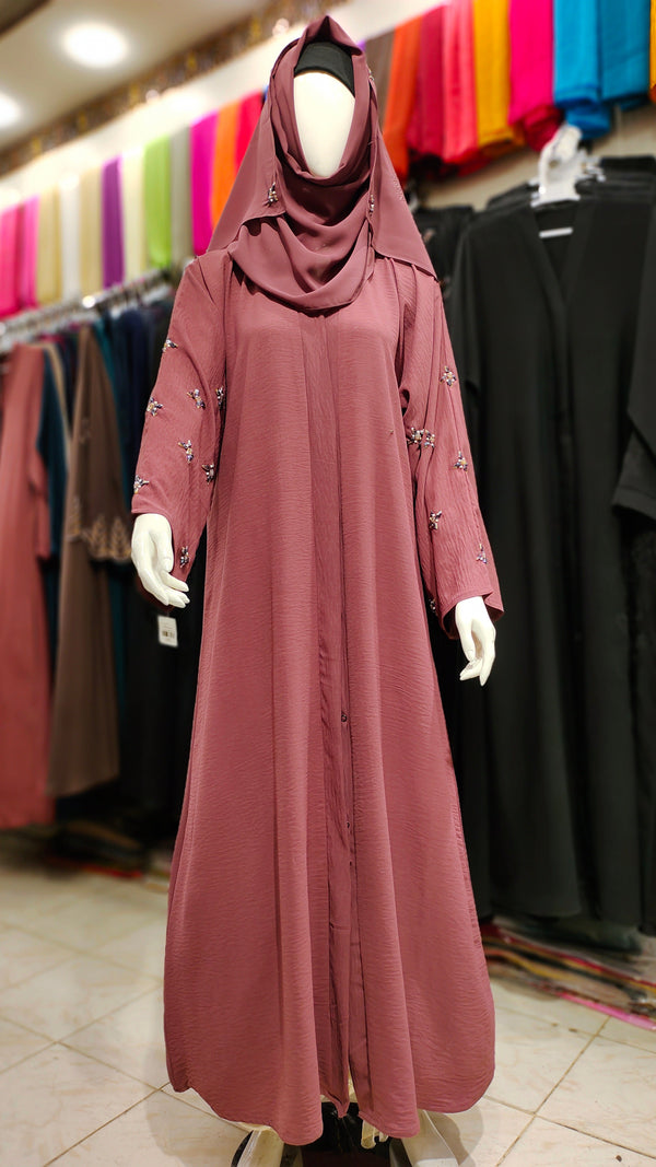 AH Handwork Front Open Abaya – Cey Fabric - Tea Pink