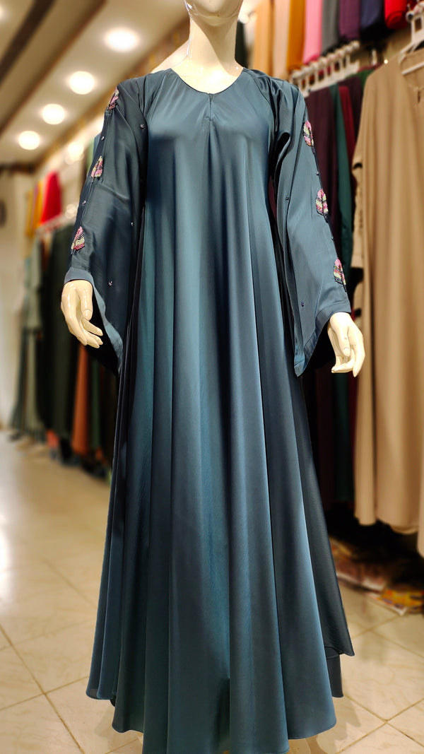 Romantic Silk Handwork Maxi Asian Abaya-Teal
