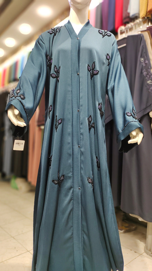 ZB Leaf Design Handwork Abaya – Front Open-Teal