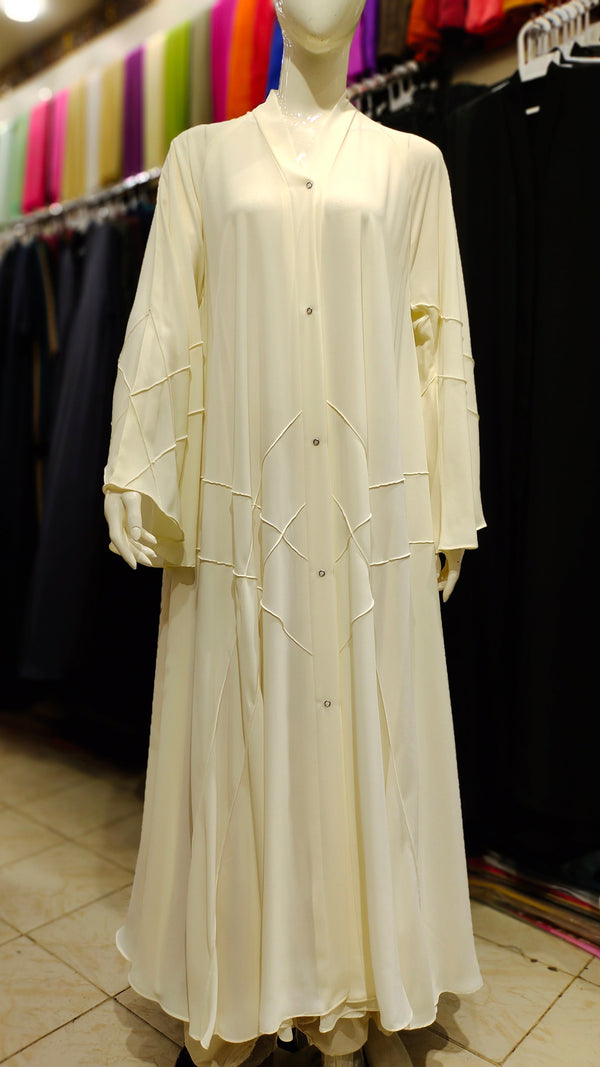 HI-Multi Daman Pintex Front Open Abaya – White